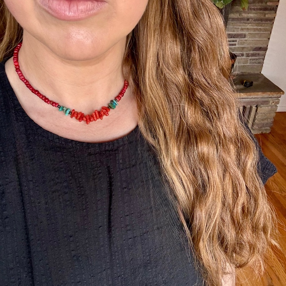 Handmade Red & Turquoise Bead Choker Necklace